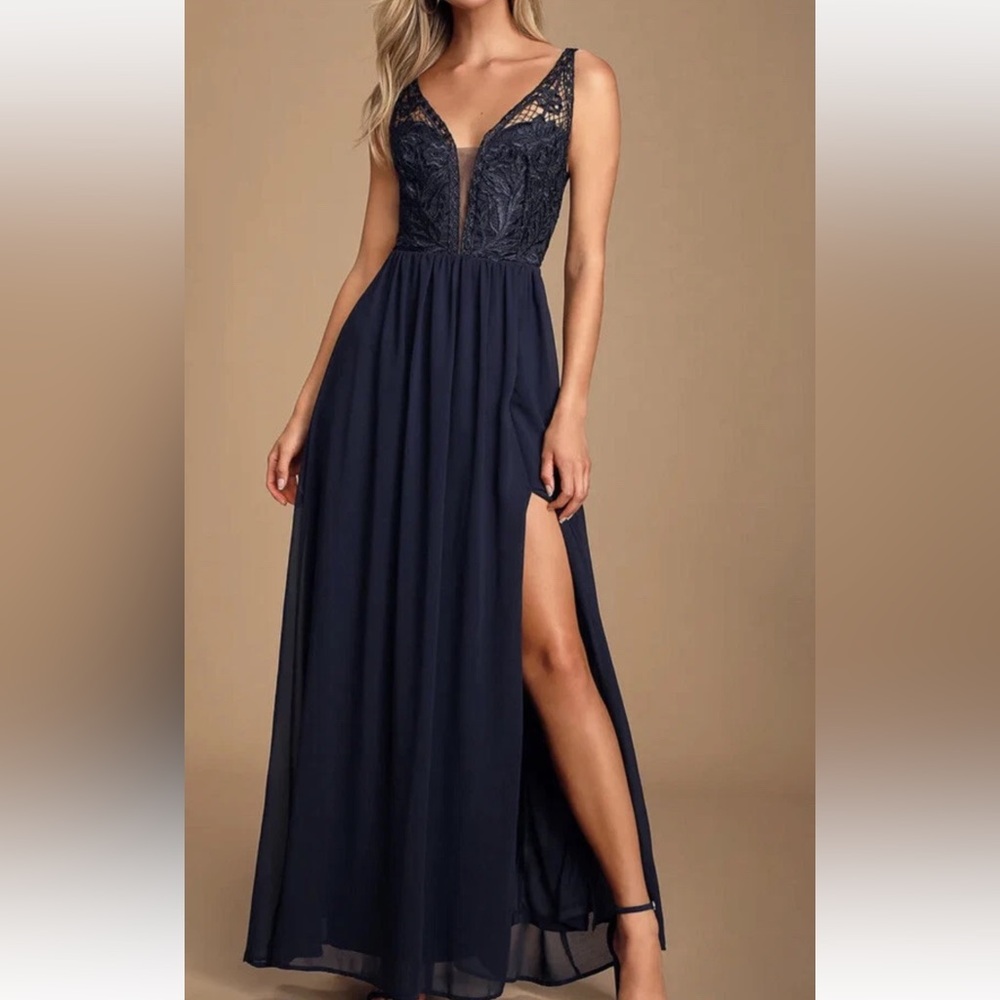 Lulu's Navy Lace Bodice Chiffon Maxi Dress with High Slit